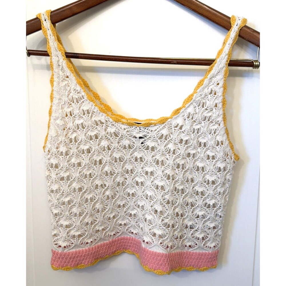 Forever 21 Crochet Cropped Open Knit Tank Sweater Cream Pink S Boho Festival
